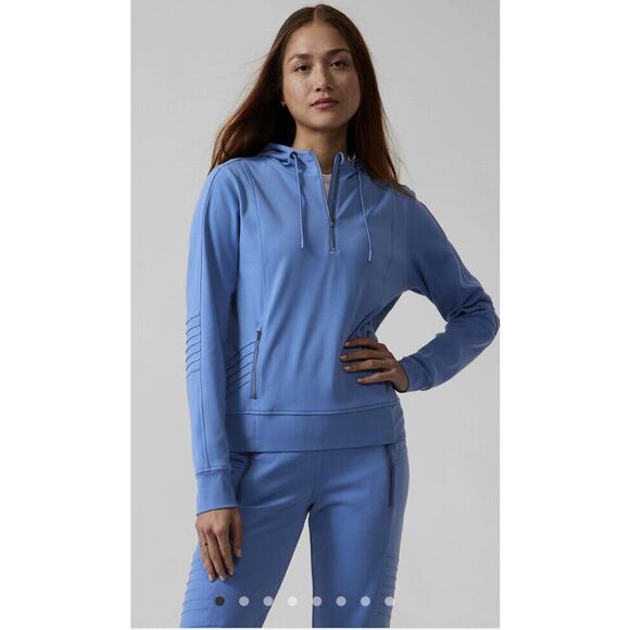 Athleta Venice Moto Tech Hoodie Sweatshirt Blue 1/4 Zip Stretch Womens Large - Picture 7 of 8
